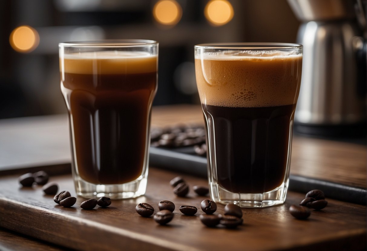 A glass of nitro cold brew and a shot of ristretto sit side by side on a wooden table, surrounded by coffee beans and a steaming espresso machine
