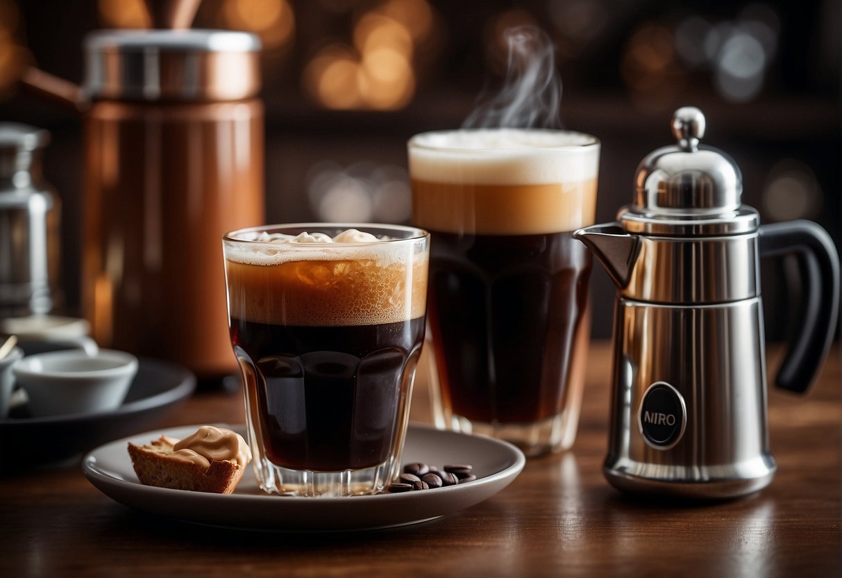 A steaming cup of nitro cold brew sits next to a small, intense shot of ristretto, both surrounded by trendy decor and cultural symbols