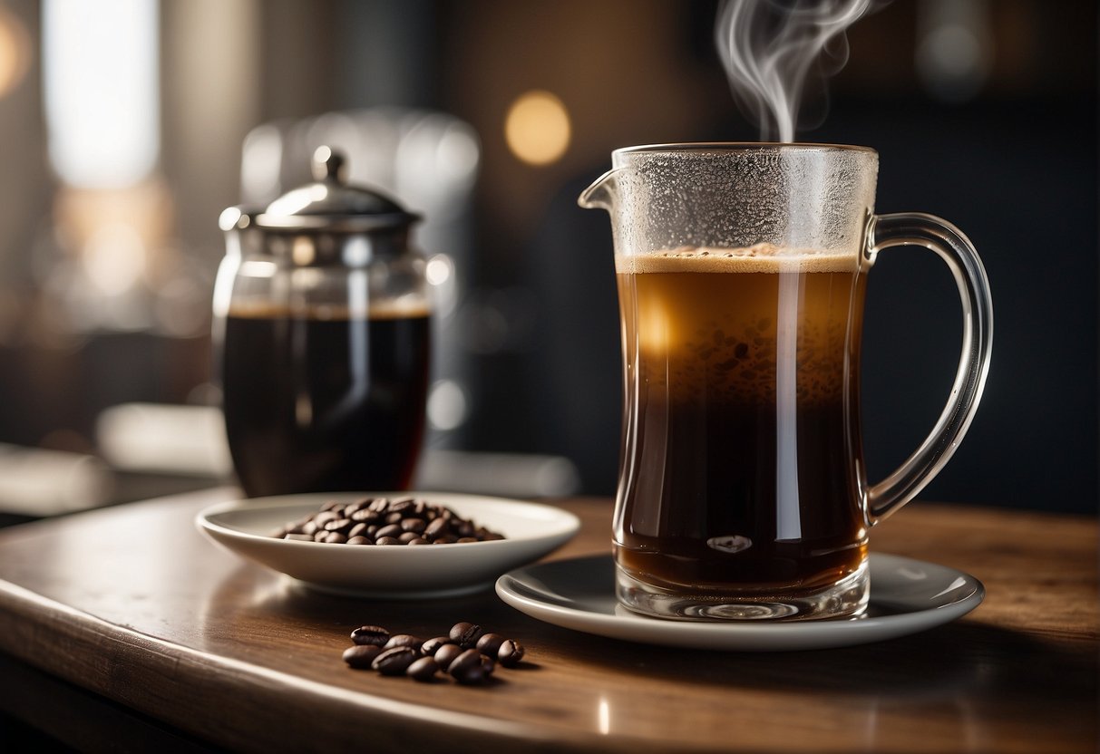 A steaming cup of Turkish coffee sits next to a glass of nitro cold brew. The rich aroma of the coffee fills the air, enticing the senses with its deep, earthy flavor