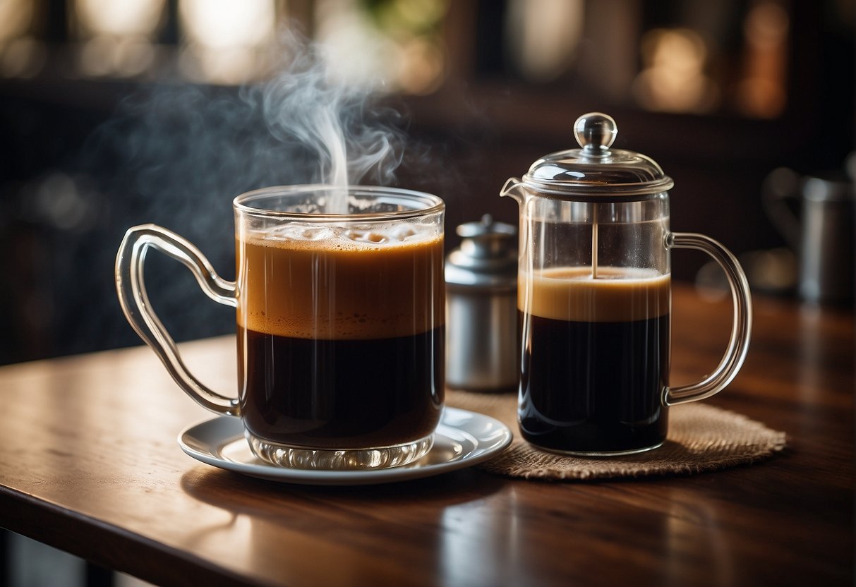 A glass of nitro cold brew and a traditional Turkish coffee pot on a table with steam rising from both