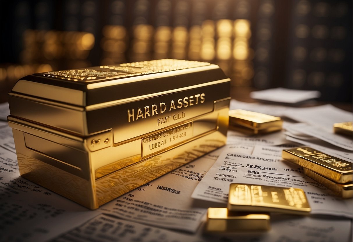 A secure vault with rows of gold bars, surrounded by insurance documents and investment paperwork. A sign reads "Hard Assets: Invest in Gold."