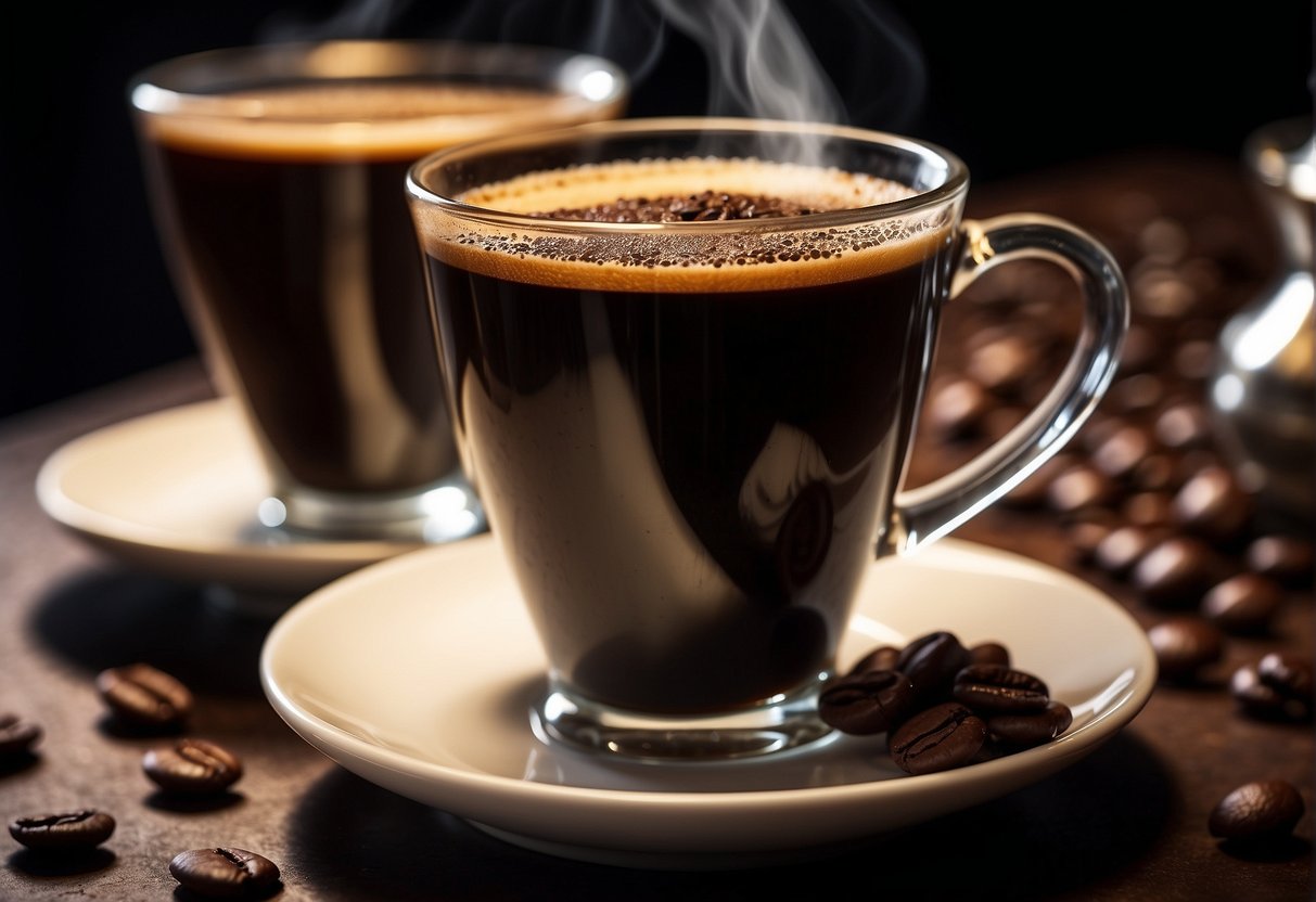A steaming cup of ristretto and Turkish coffee stand side by side, emanating rich aromas. The ristretto's dark, syrupy texture contrasts with the thick, foamy layer of the Turkish coffee