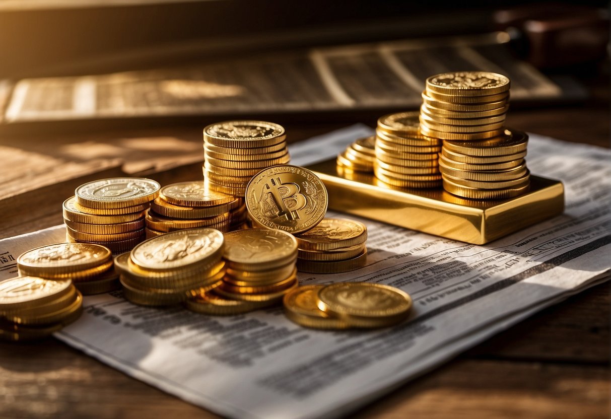 A stack of gold bars and coins sit on a polished wooden table, surrounded by financial documents and investment charts. A magnifying glass hovers over the intricate details of the gold