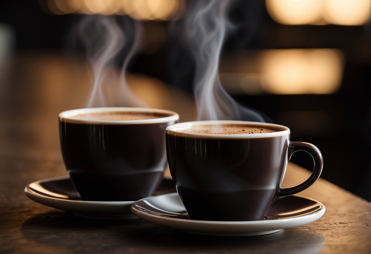 Two cups of coffee sit side by side on a table, steam rising from their dark, rich depths. The ristretto and Turkish coffee appear strong and bold, each with its own unique characteristics
