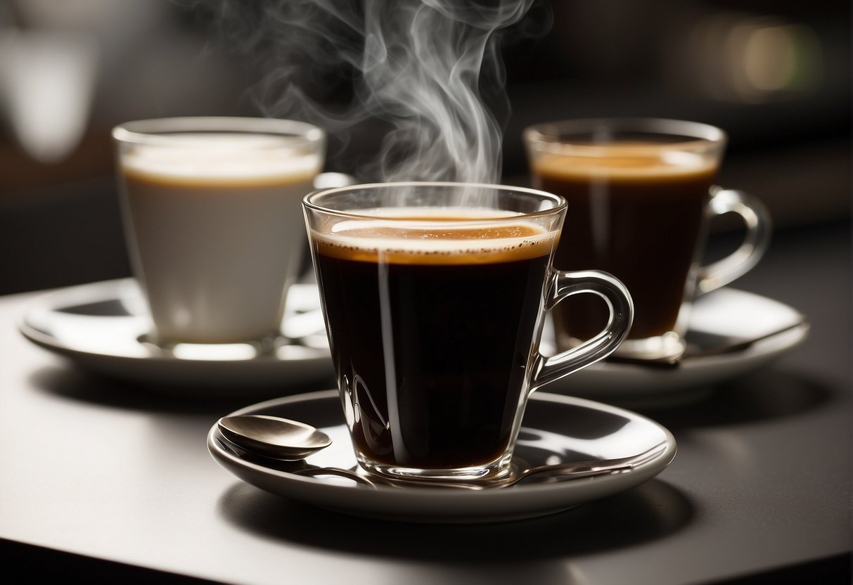 A steaming ristretto and Turkish coffee side by side, each in their respective espresso cups, showcasing the contrasting brewing techniques and bean profiles