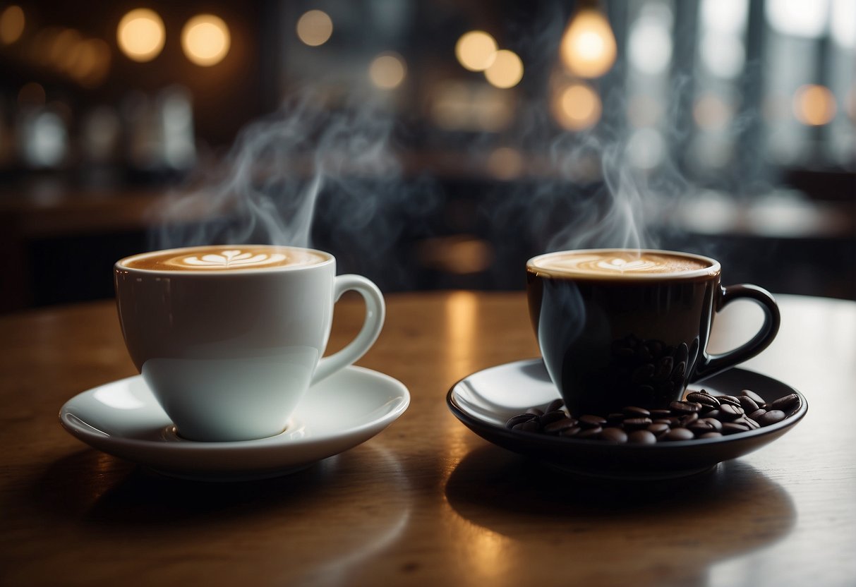 A steaming cup of ristretto and Turkish coffee side by side, emitting rich aromas, with a backdrop of a serene coffee shop ambiance