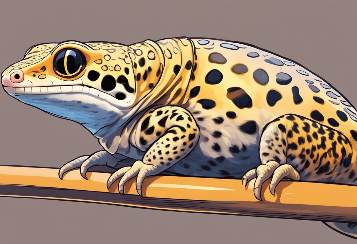 A leopard gecko basking under a warm heat lamp, with its eyes closed and body relaxed, showcasing content and comfortable behavior