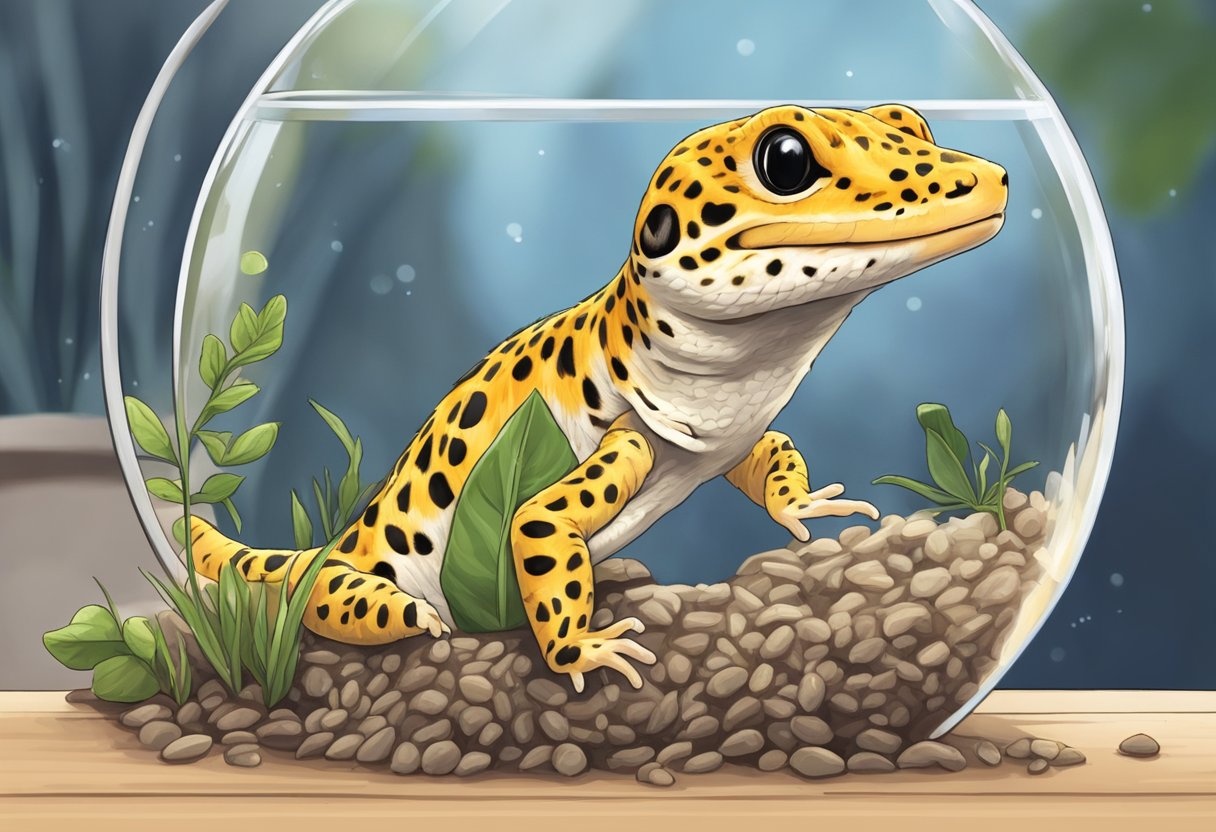 A leopard gecko eagerly consumes live crickets in its terrarium, its tongue flicking out to capture its prey with precision and speed