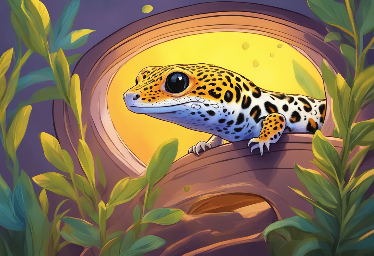 A leopard gecko basking under a heat lamp, with vibrant colors and alert eyes, surrounded by hiding spots and a shallow water dish