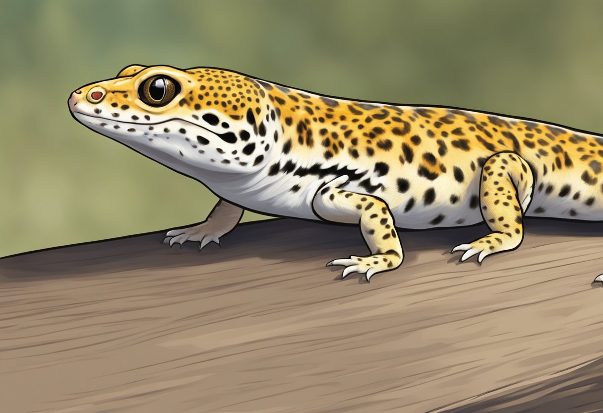A male leopard gecko approaches a female, displaying courtship behavior with head bobbing and tail waving. The female responds with receptive body language, allowing the male to mate with her