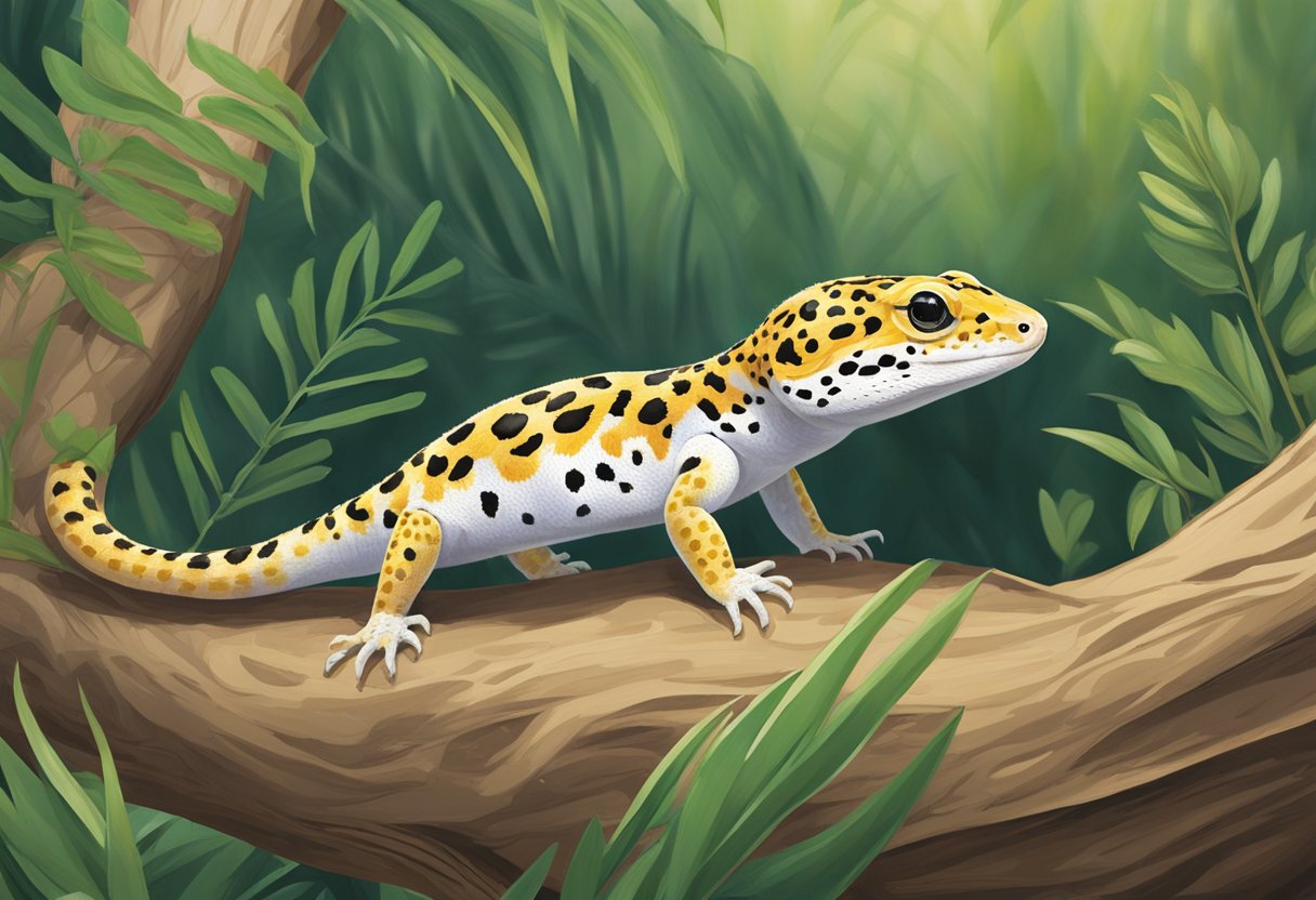 A leopard gecko explores a naturalistic habitat with hiding spots, climbing branches, and a warm basking area. Various enrichments, such as live insects and sensory stimulation, are provided to encourage natural behaviors