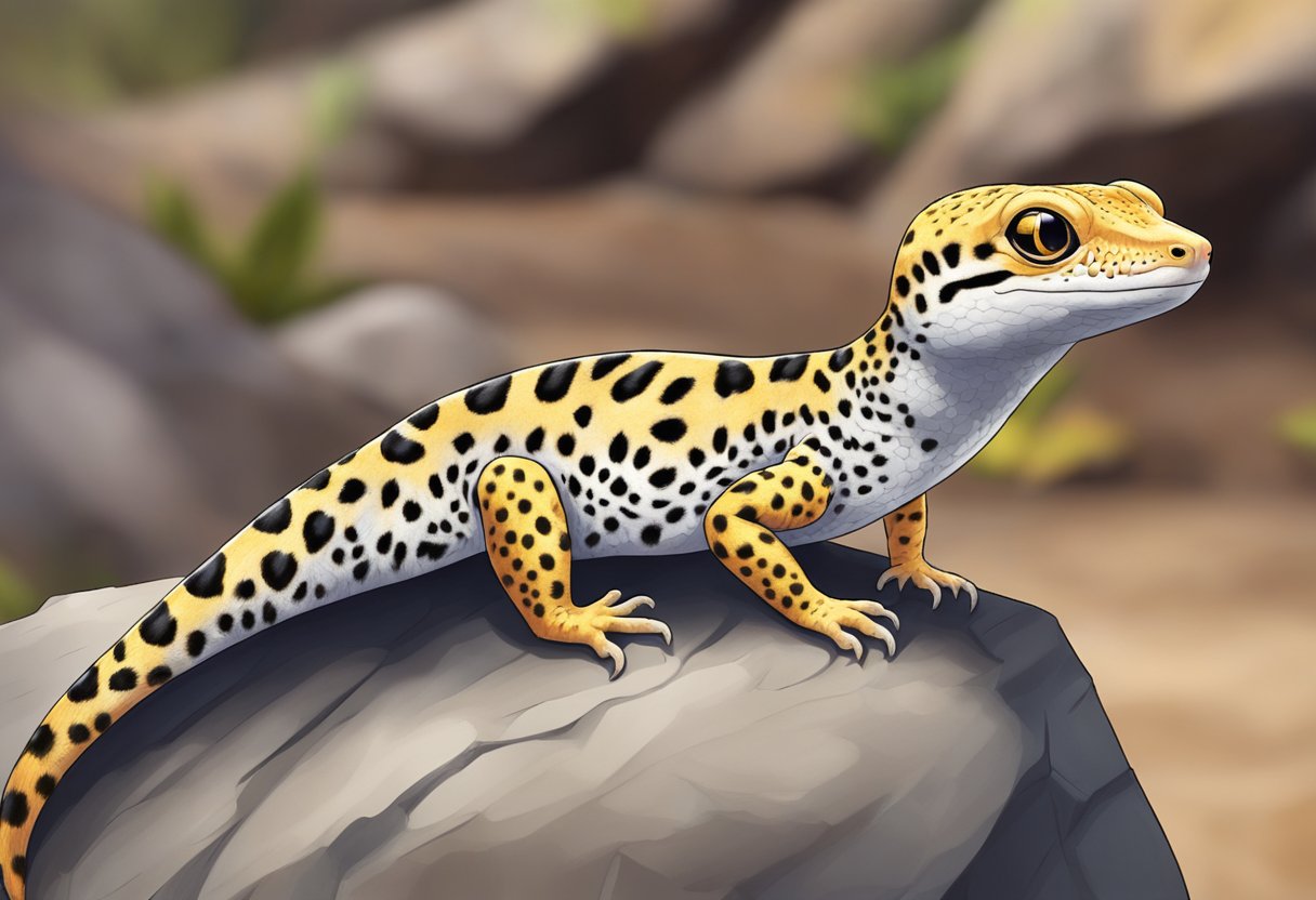 A leopard gecko is perched on a rock, its tail curled gracefully behind it. Its eyes are alert and its body is poised, ready for action