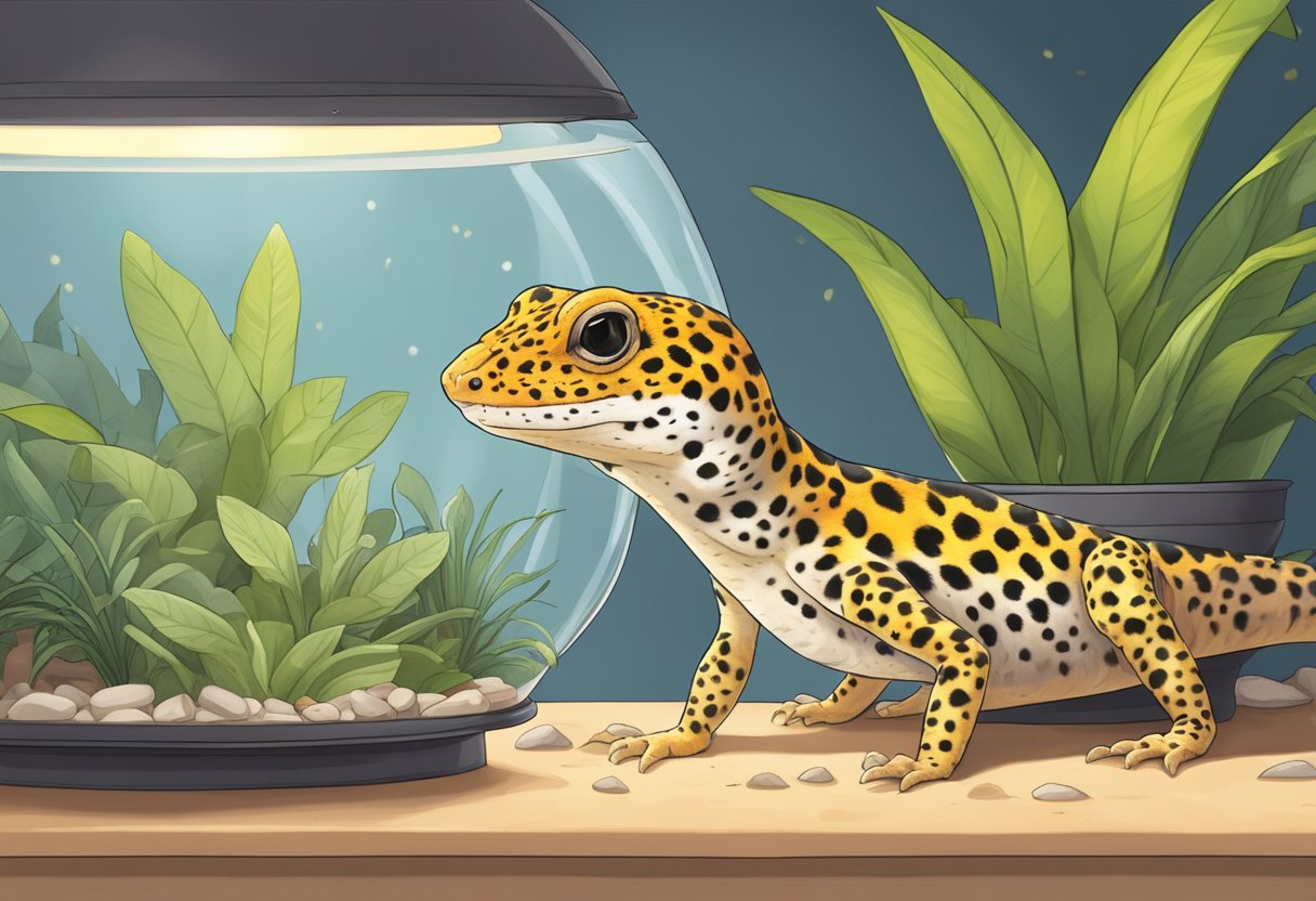 A leopard gecko shedding its skin, basking under a heat lamp, and hunting for crickets in its terrarium
