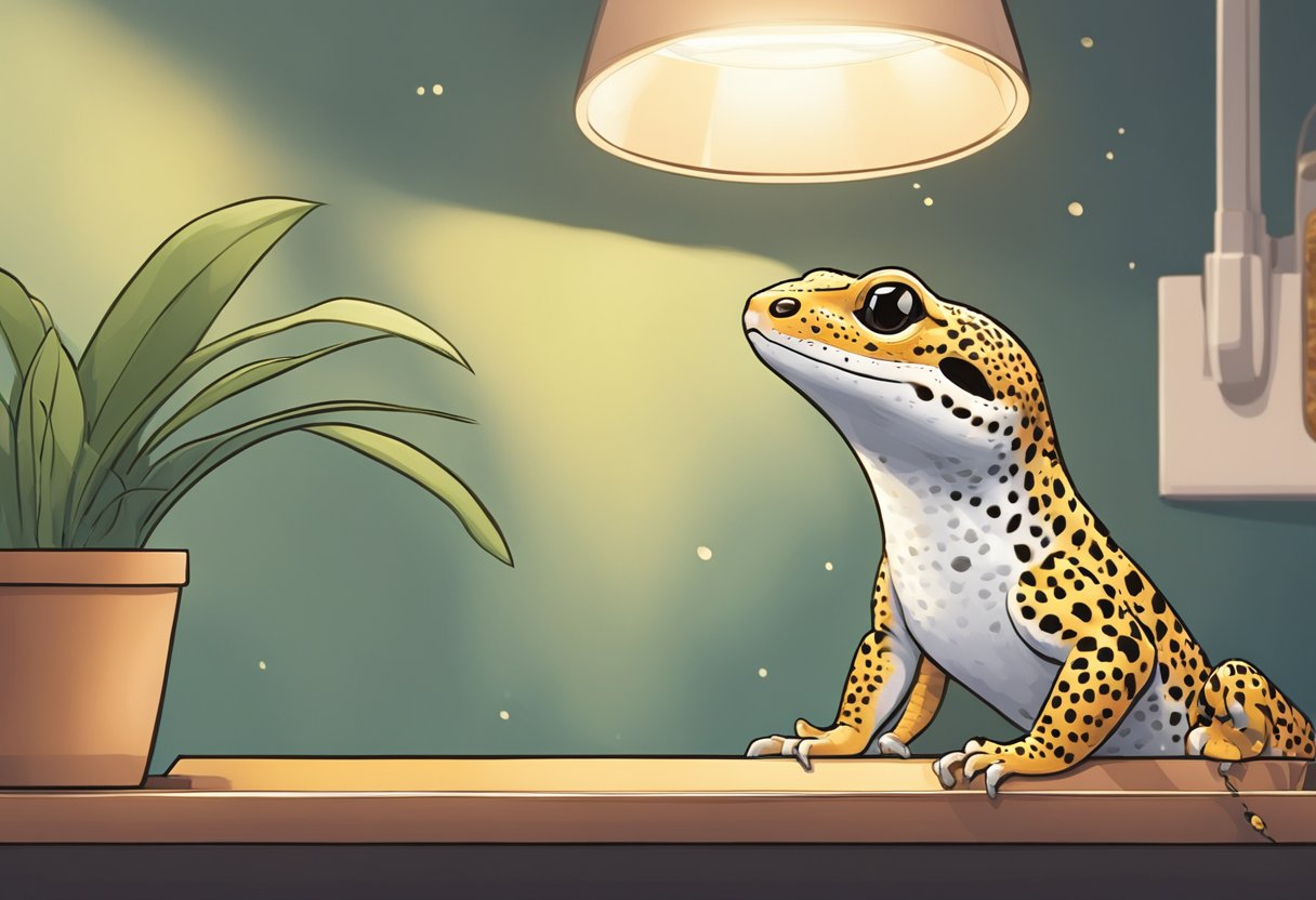 A leopard gecko basking under a heat lamp, flicking its tongue to sense the environment, with a hide and water dish nearby