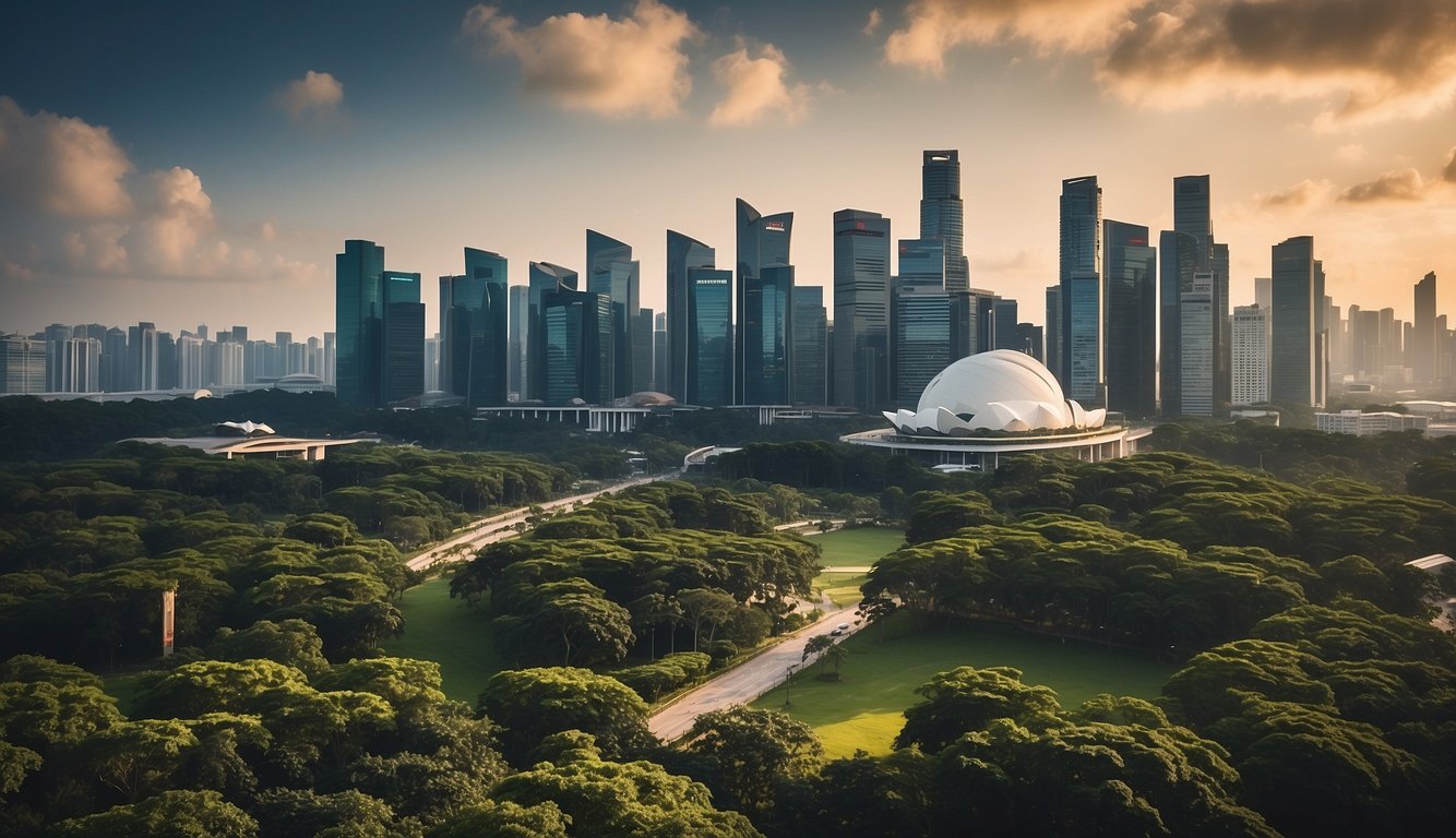 A bustling city skyline with iconic landmarks against a backdrop of lush greenery and modern architecture. The scene is filled with a mix of urban and natural elements, representing the contrast of city life in Singapore