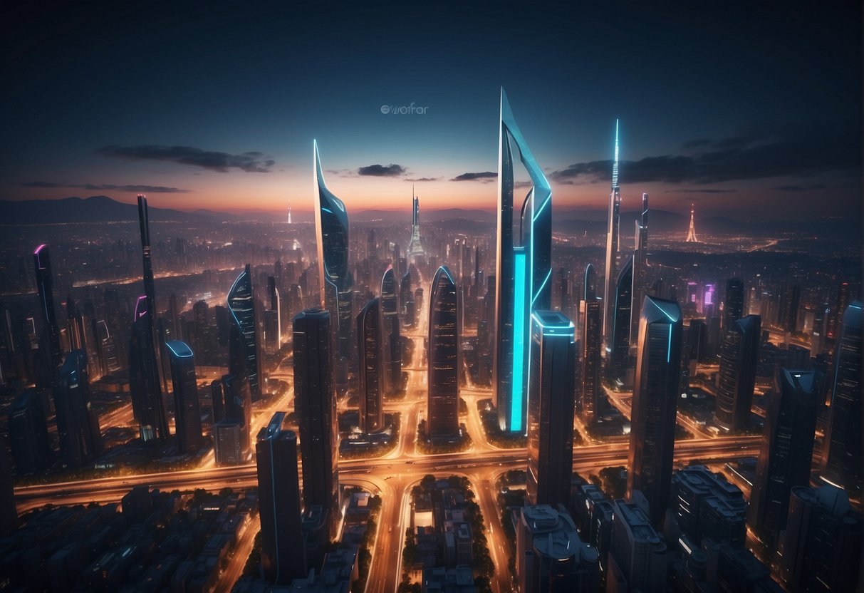 A futuristic cityscape with sleek, towering buildings and neon lights, showcasing the advanced technology and innovation of Vizard AI