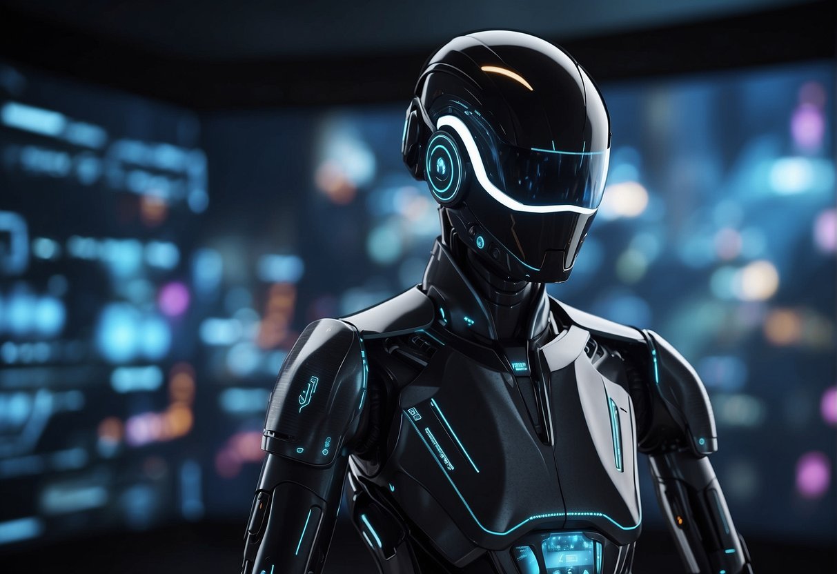 A sleek, futuristic AI interface with holographic displays and advanced analytics