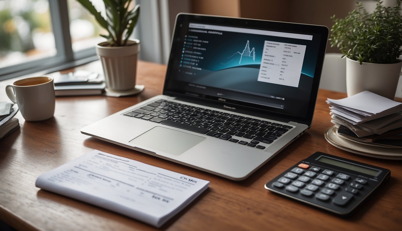 A table with a laptop, calculator, and financial documents. A retirement savings plan booklet is open, with a list of pros and cons