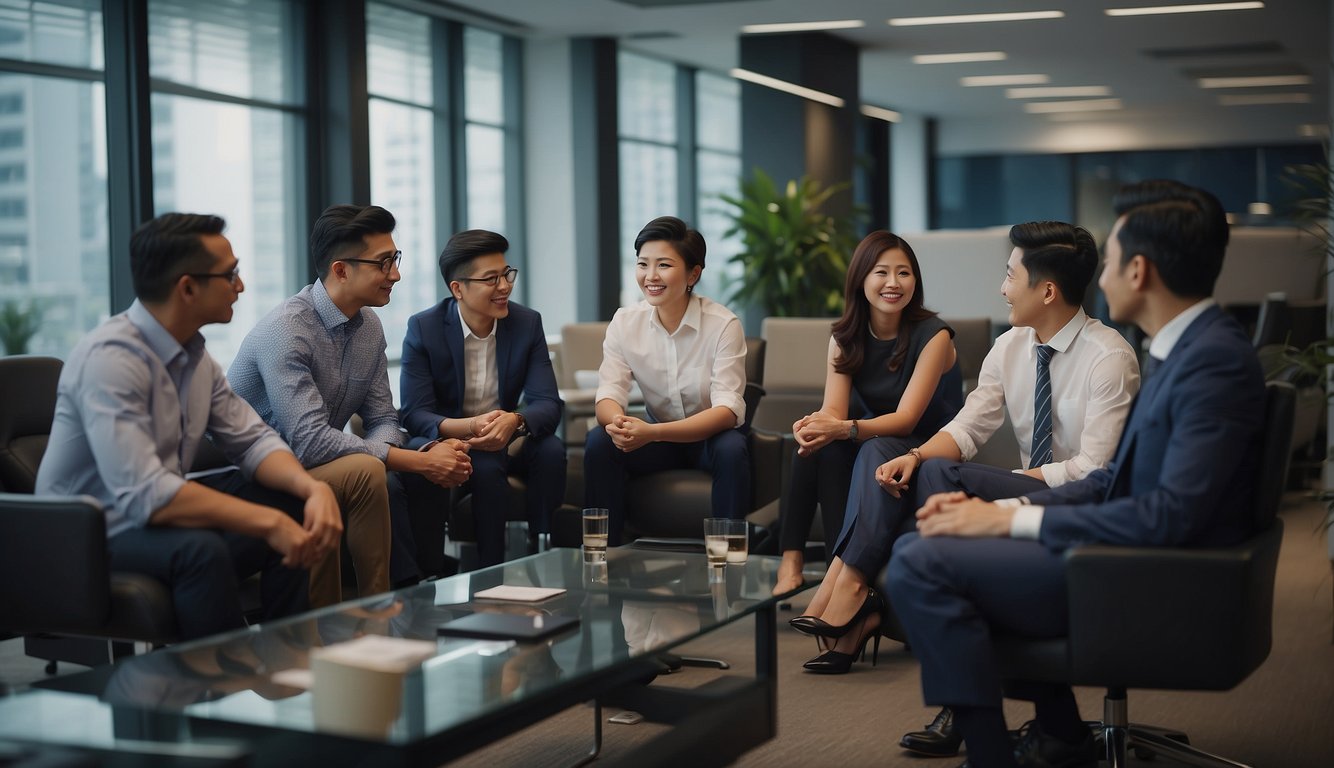 A group of expatriates and foreign investors gather in a modern Singaporean office, discussing the pros and cons of SRS investments