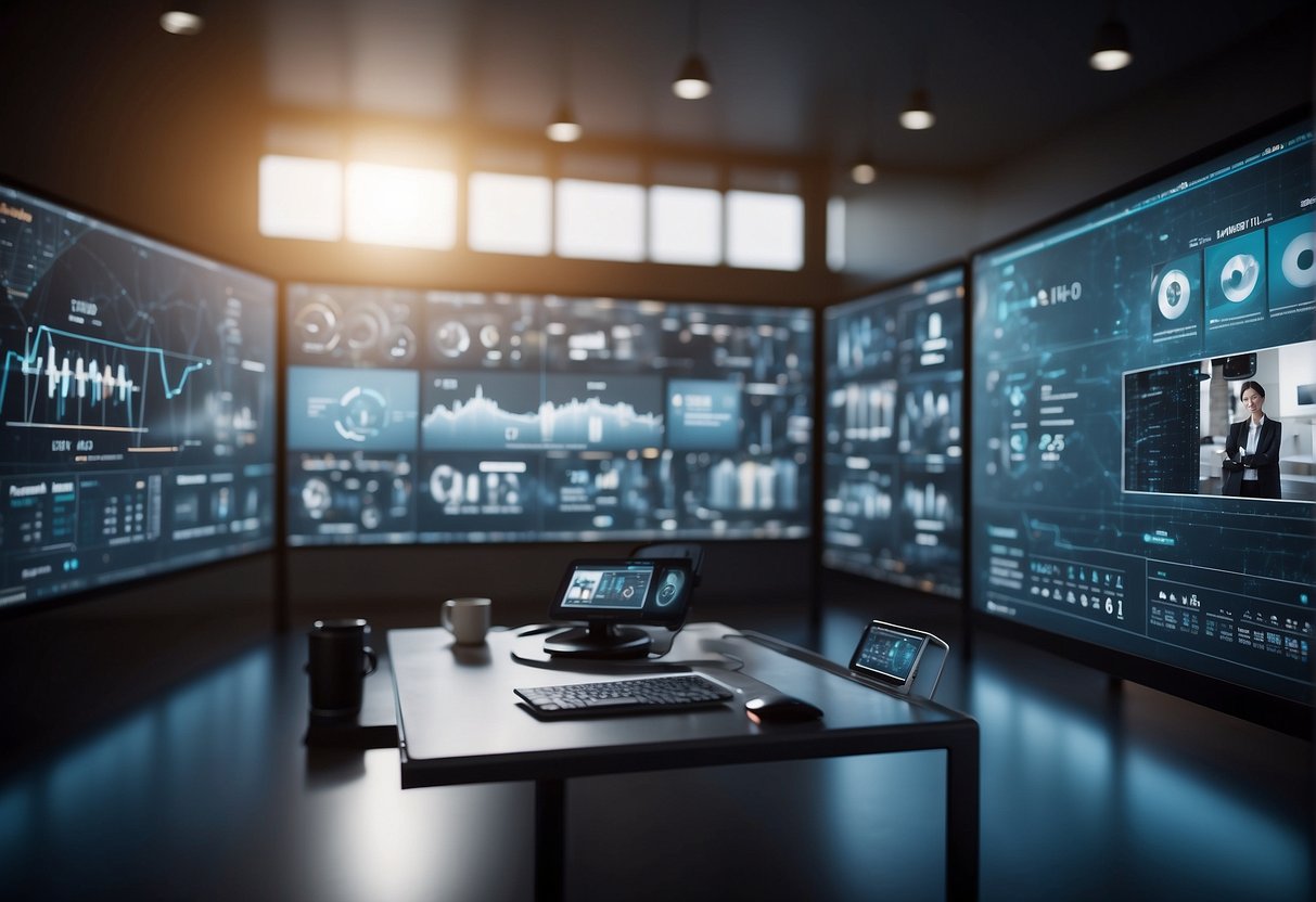 Vizard AI integrates with social media platforms. Digital interface displays data analytics and user engagement metrics