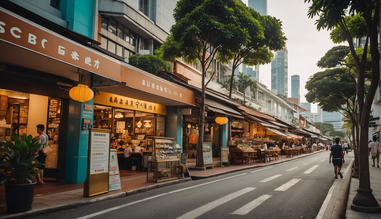 A vibrant city street with various shops and restaurants displaying signs that read "CDC Voucher Merchant List" in Singapore