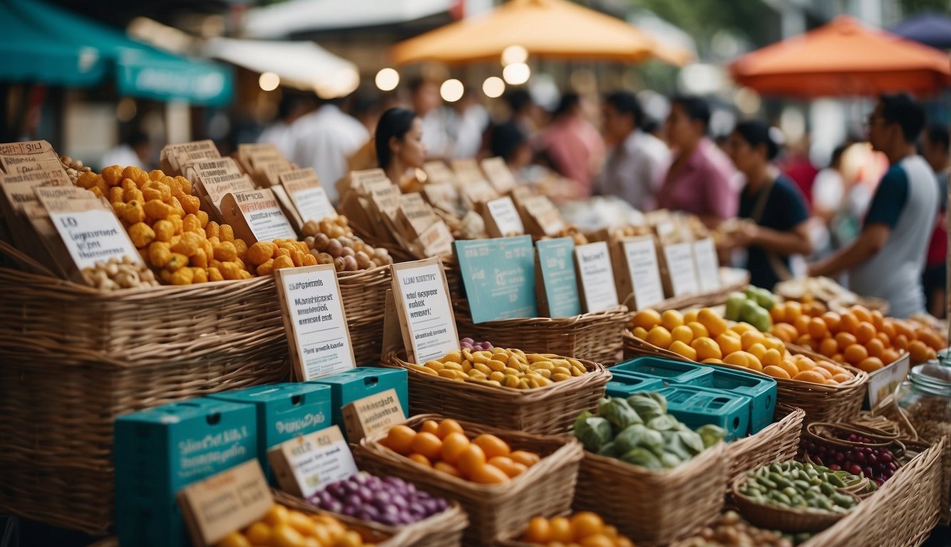 A colorful marketplace with diverse vendors displaying "Supporting the Community CDC Voucher Merchant List" signs, showcasing a variety of products and services in Singapore