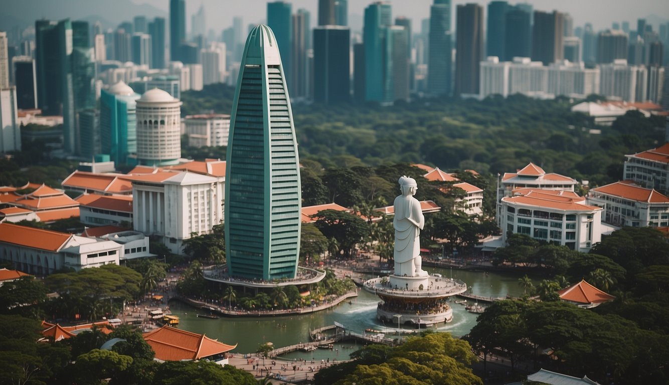 A colorful array of Singaporean landmarks and symbols, from the iconic Merlion to traditional Peranakan shophouses, set against a backdrop of bustling city streets and lush greenery