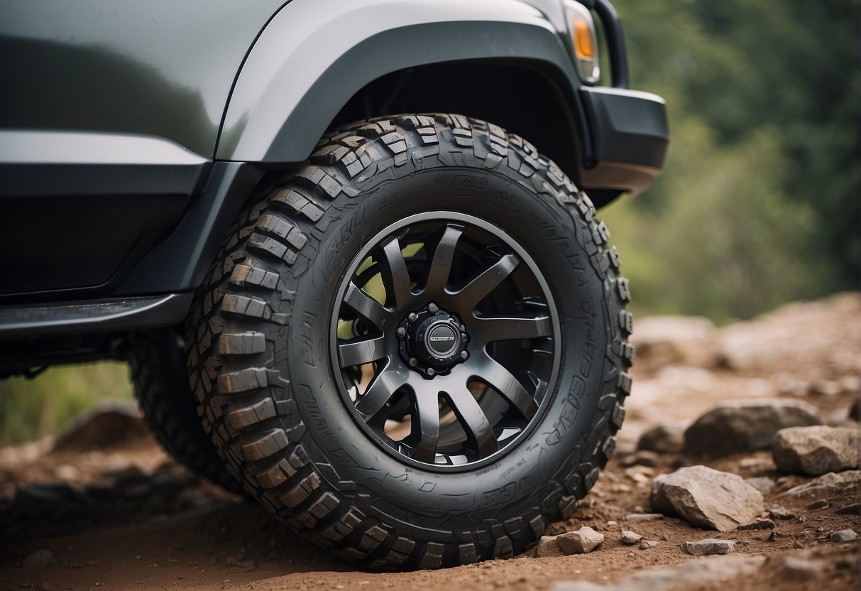 High-quality all-terrain wheels and tires on rough, rocky terrain. Perfect for off-road adventures