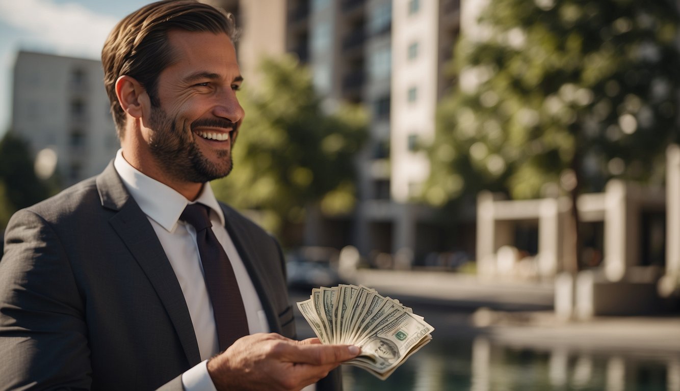 A person handing over a stack of cash to a real estate agent, with a condo building in the background. The agent is smiling and counting the money