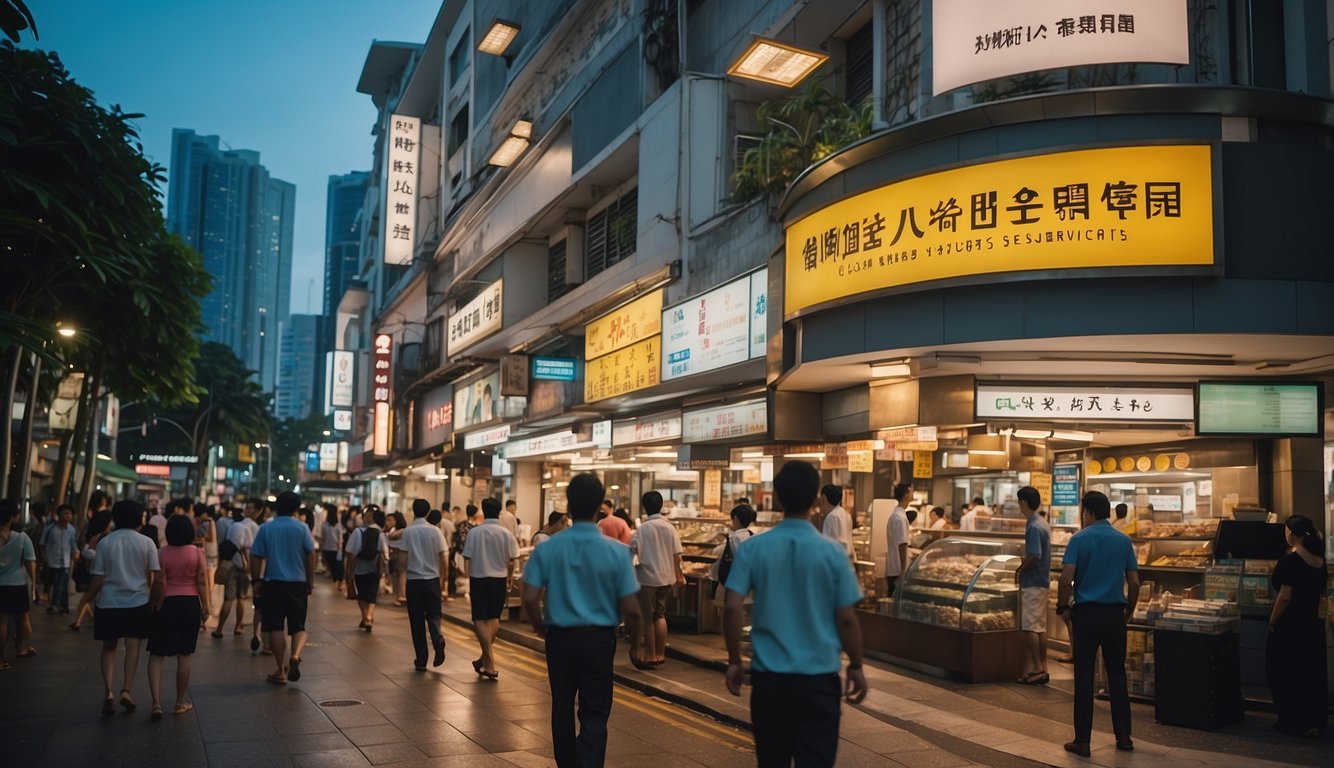 A bustling Singapore street with a prominent sign reading "Loan Products and Services mlcb" surrounded by licensed moneylenders and potential customers