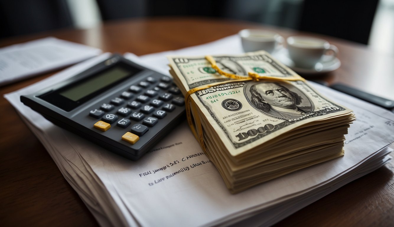 A stack of cash sits on a table next to a calculator and a list of condo prices in Singapore. The scene conveys the concept of making a down payment for a condo with cash and the financial considerations involved