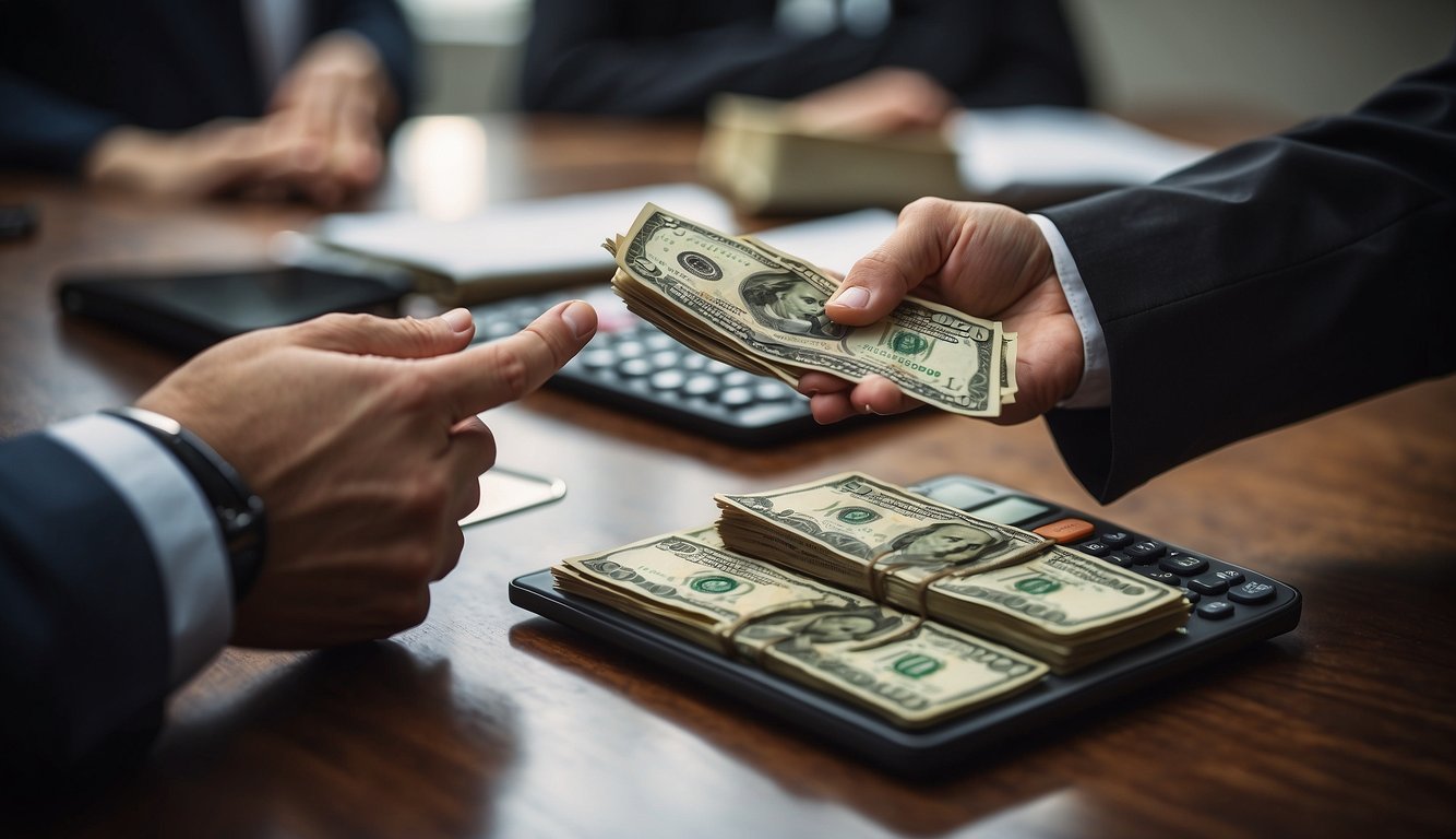 A hand reaches out to hand over a stack of cash to a real estate agent, while a calculator sits on the table, showing the total amount needed for the down payment
