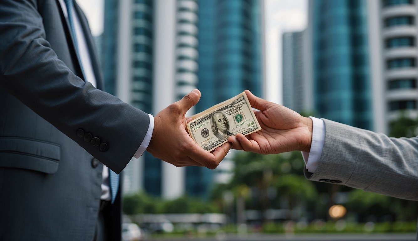 A person hands over a stack of cash to a real estate agent in front of a high-rise condominium building in Singapore. The agent is holding a set of keys and smiling, while the person looks relieved and excited