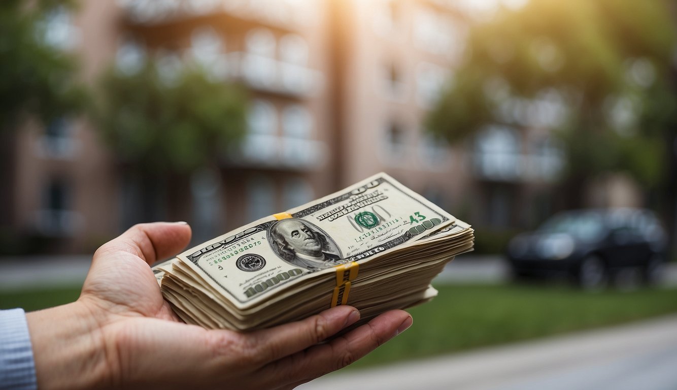 A hand holding a stack of cash, with a condo building in the background. Text bubble asking "How much do you need for down payment? What are the pros?"