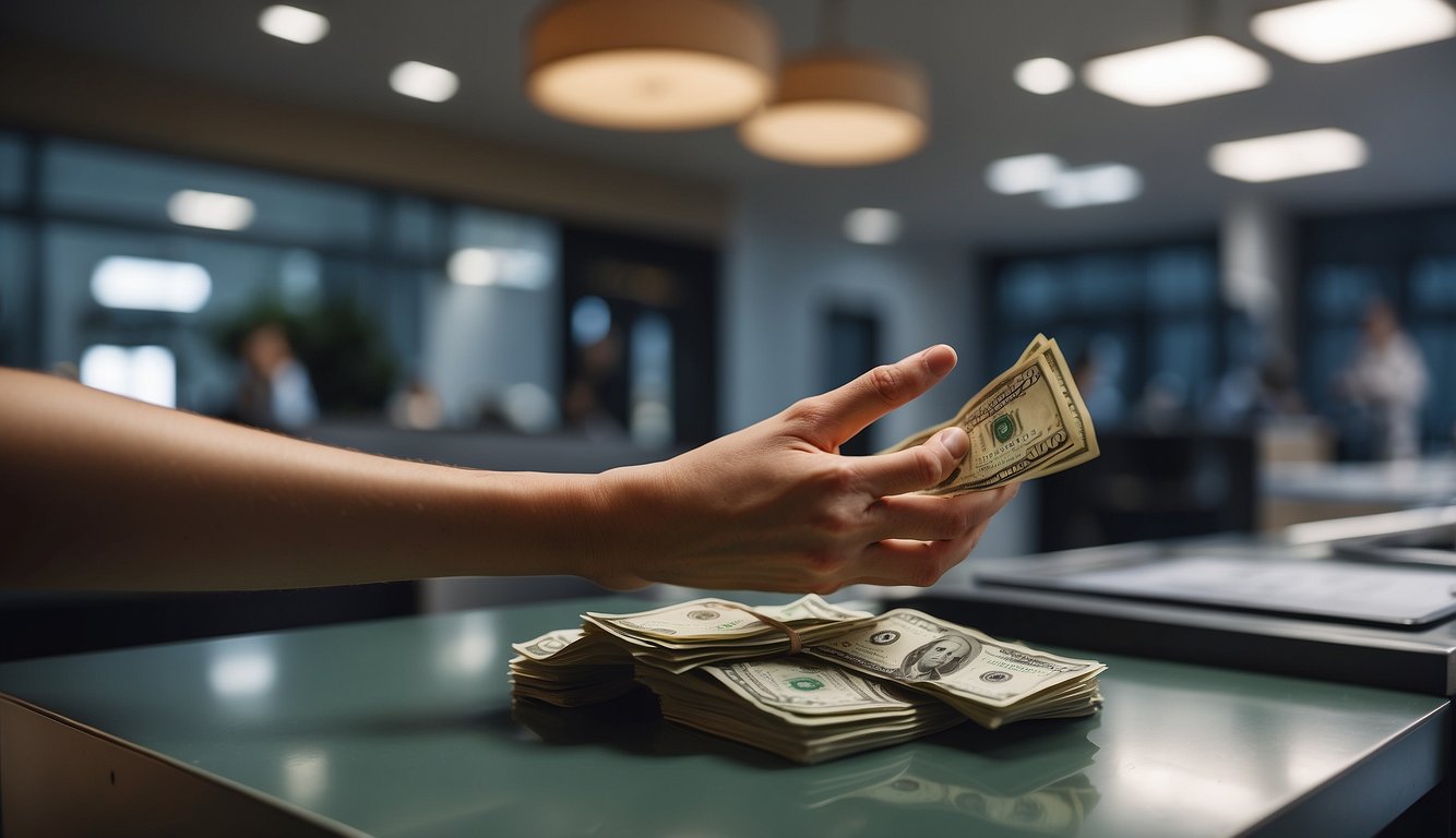 A hand reaches out to place a wad of cash on a condo sales counter, while a sign nearby lists the required down payment amount and touts the benefits of paying in cash