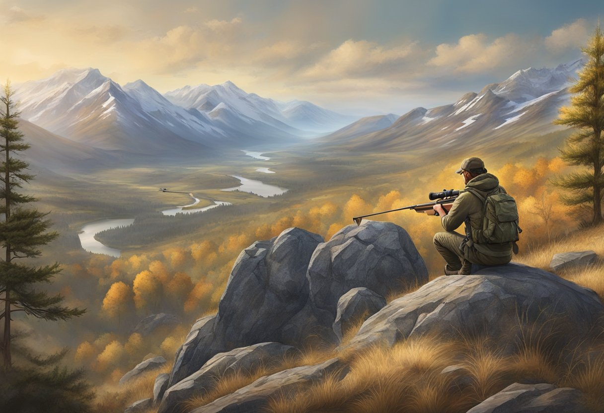 A hunter aims a 30 Nosler and 300 PRC rifle at distant targets in a mountainous landscape