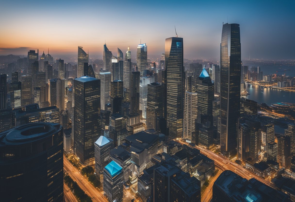 Cityscape at night from above, with lights glowing from buildings and traffic intersections.