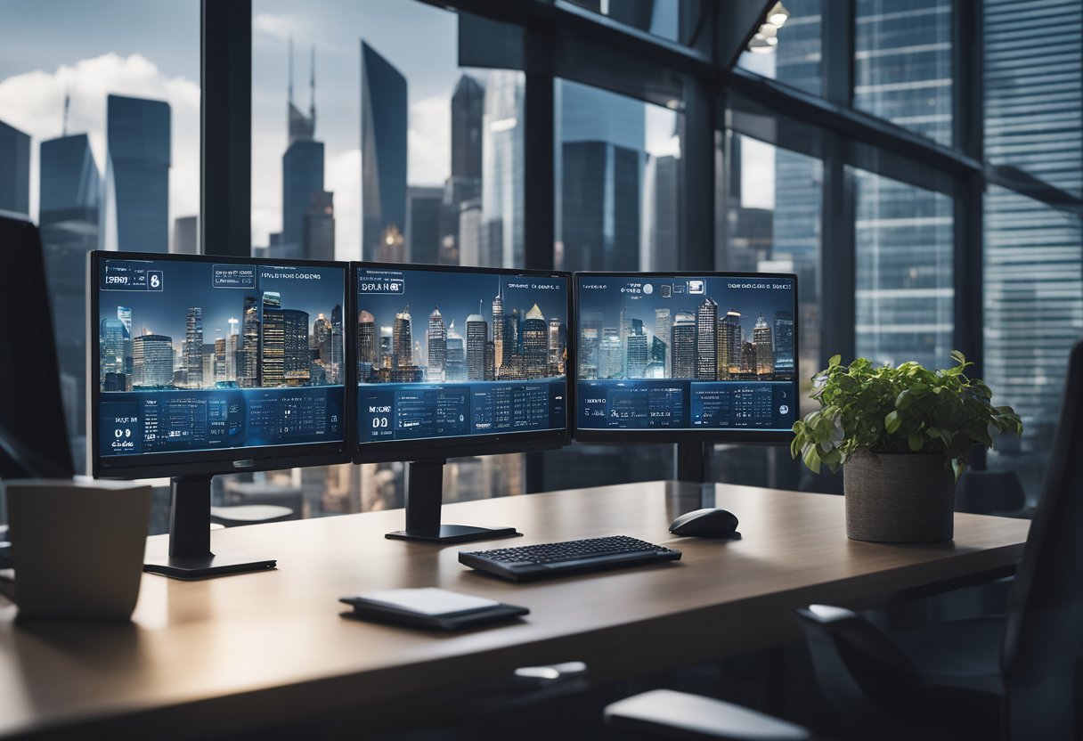 Three monitors showing some city related data placed on a table near a window in the background.