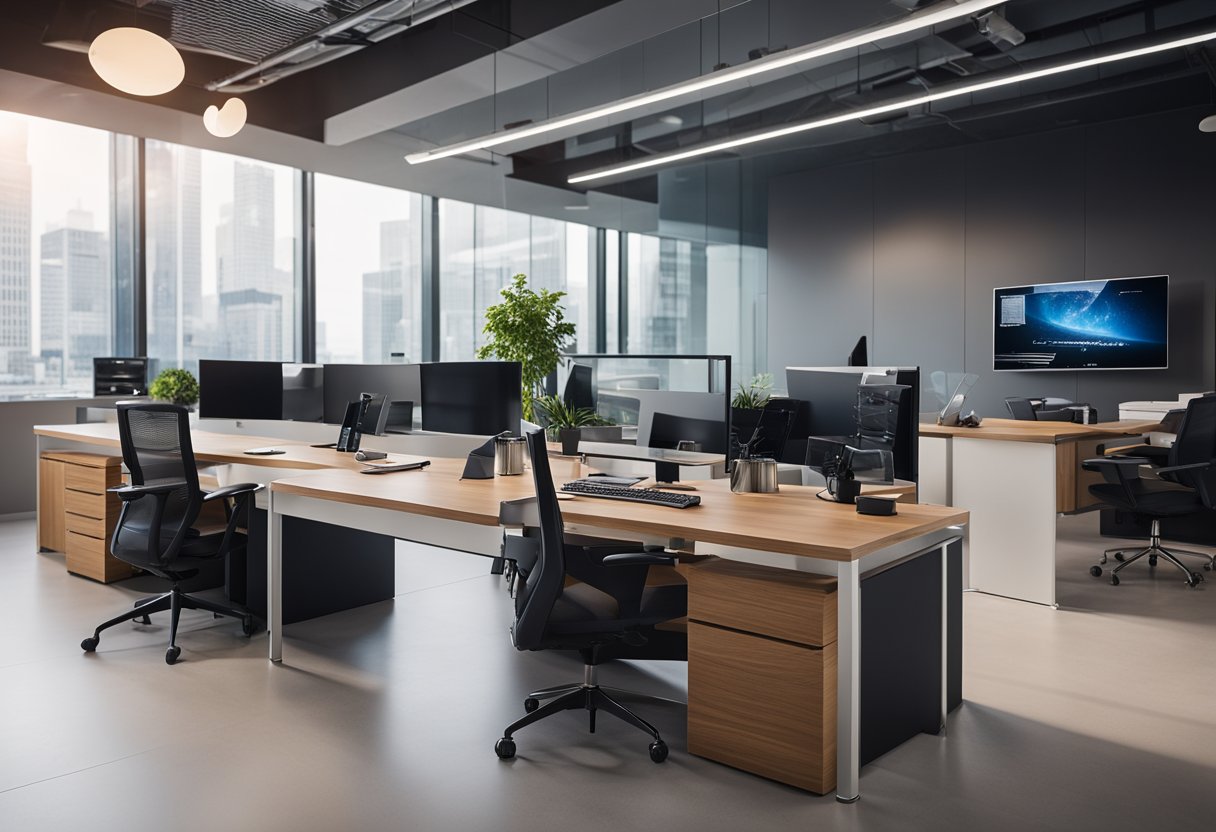 A modern office setting with bilingual technology and remote connectivity. Global influences evident in the workspace