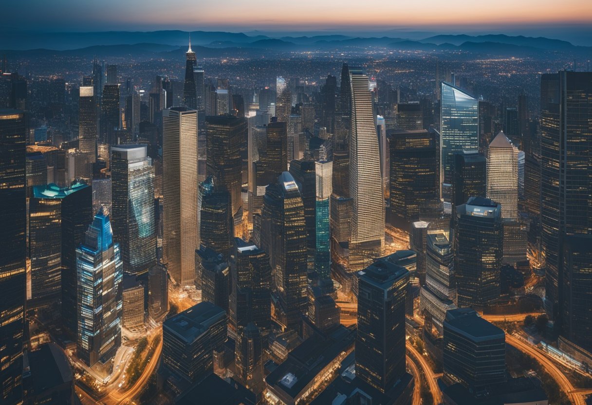 An aerial view of a city at night, showcasing a vast network of glowing buildings and traffic lights.