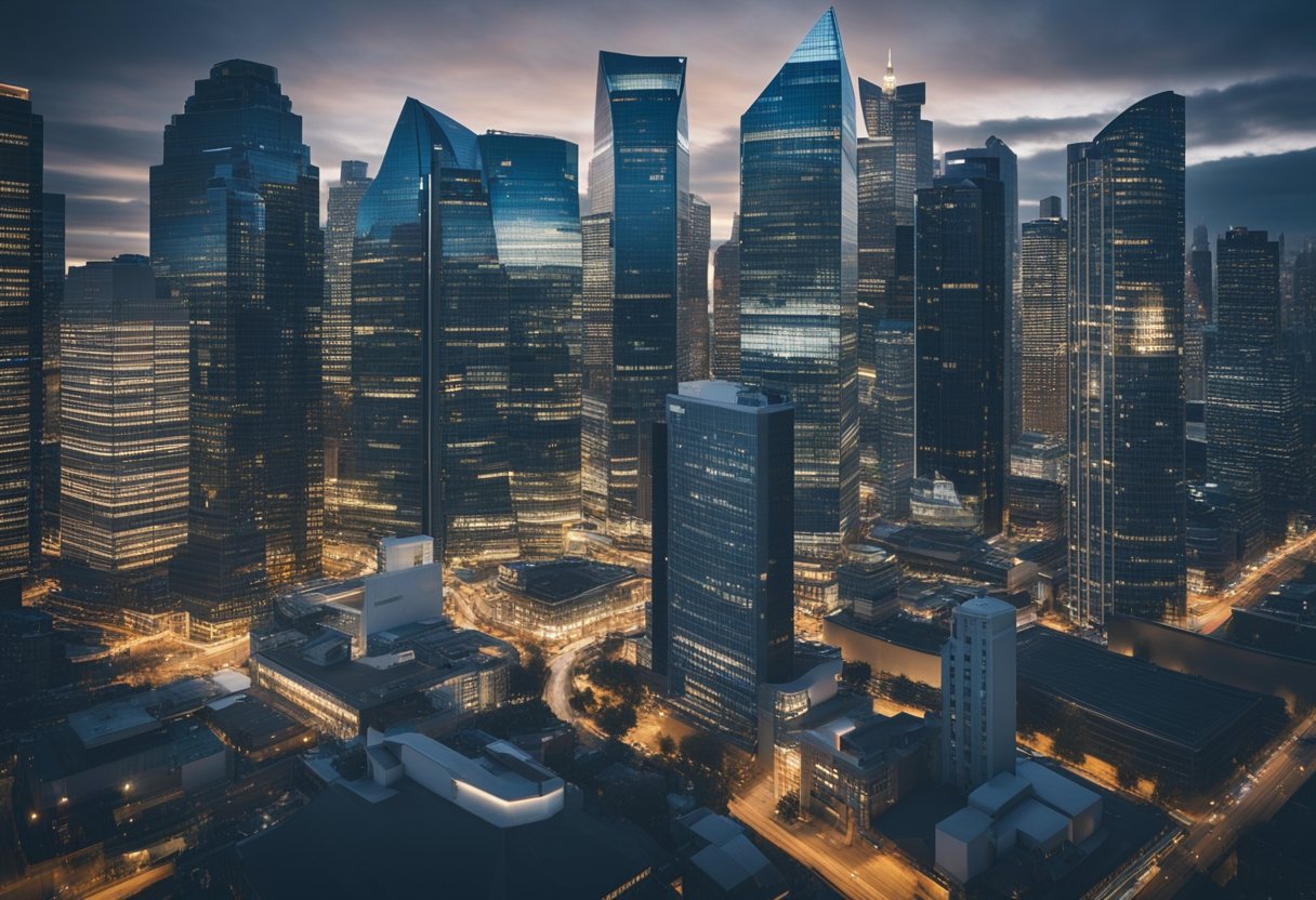 An aerial perspective of a city at night, highlighting a sprawling network of illuminated buildings and traffic lights.