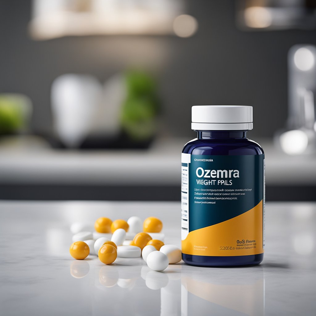 A bottle of Ozemra weight loss pills sits on a sleek, modern countertop. The label is bold and eye-catching, with promises of effectiveness and results