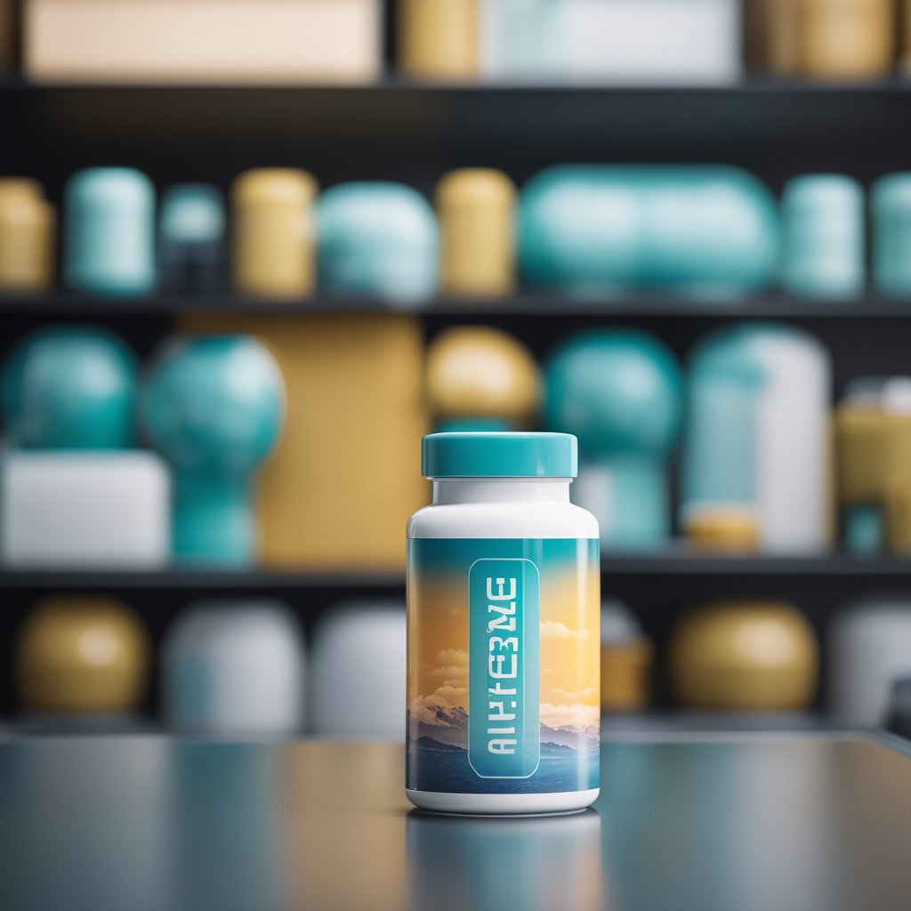 A vibrant, futuristic pill bottle labeled "Ozemra" sits on a sleek, modern countertop, surrounded by images of healthy, active individuals