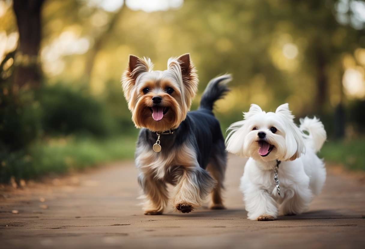 A Yorkshire Terrier and a Maltese face off, barking fiercely with raised fur and snarling mouths