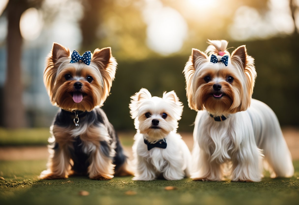 Two small dogs, a Yorkshire Terrier and a Maltese, stand side by side, showcasing their distinct features and coat colors. Their playful and alert expressions capture the essence of their breed origins and history