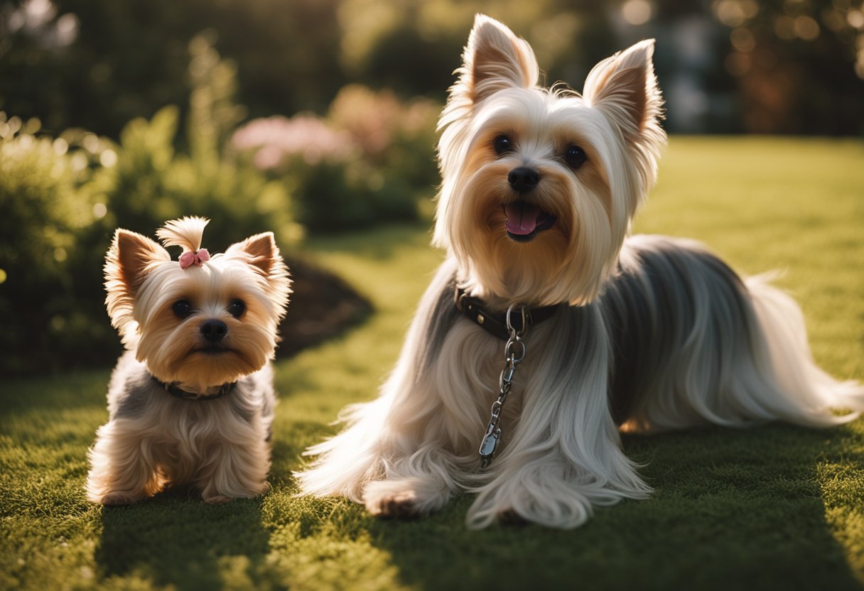 A Yorkshire terrier and a Maltese playfully interact in a sunlit garden, showcasing their vitality and energy