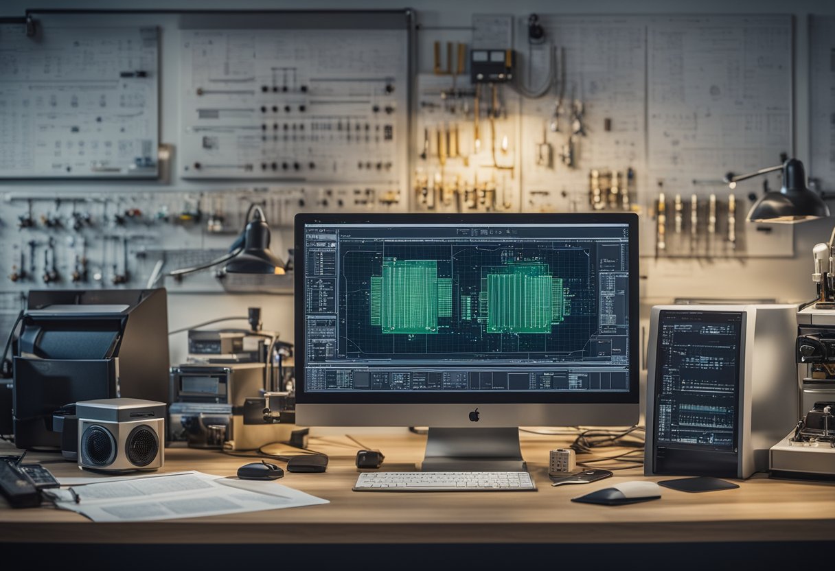 A desk with a computer, circuit boards, and tools. Schematics and diagrams on the wall. A sign reads "Entry-Level Opportunities in Hardware Engineering."