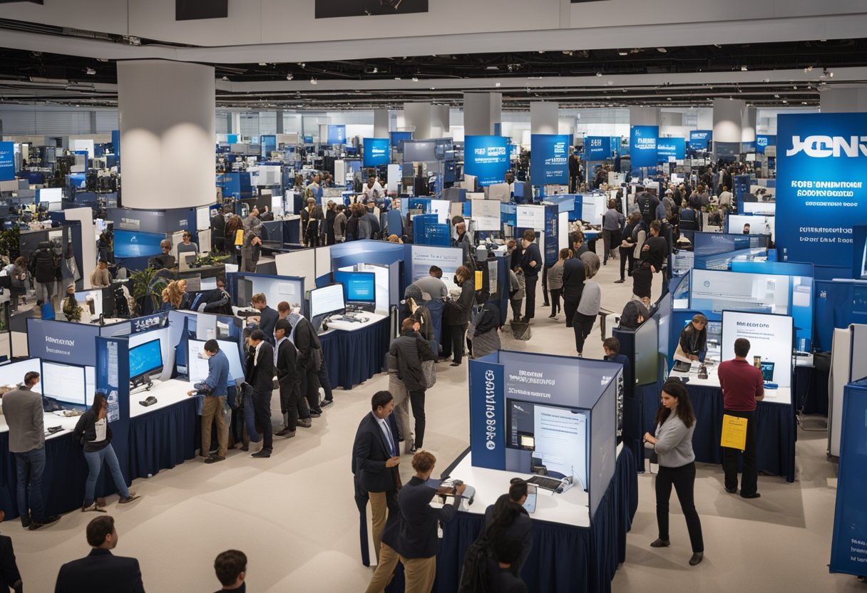 A bustling job fair with banners advertising entry-level hardware engineering positions and computer hardware engineering jobs. Tables are filled with eager candidates and recruiters engaging in conversation