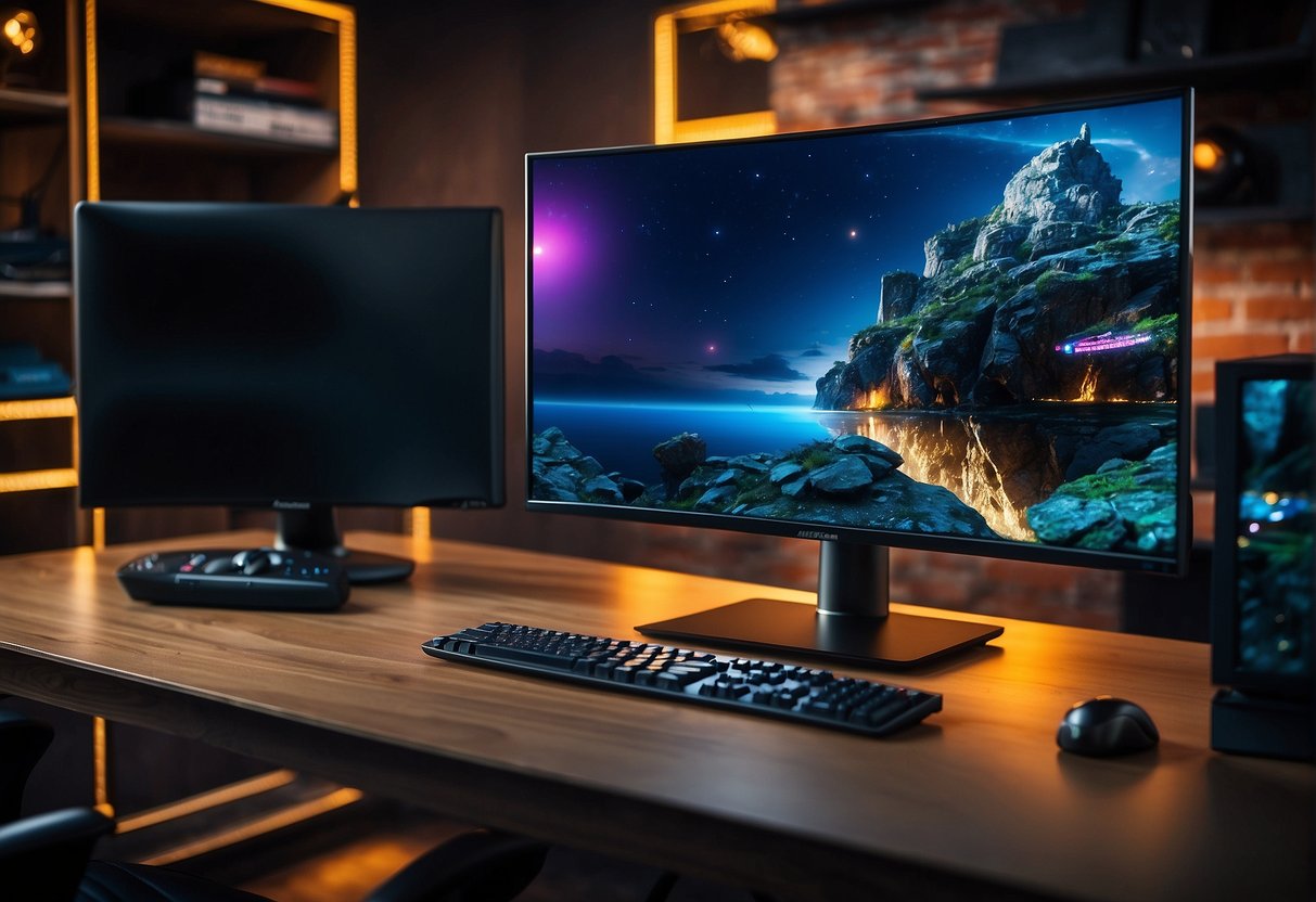 A hand reaches for a sleek gaming monitor on a desk next to a powerful gaming PC. The monitor's screen displays vibrant graphics, enticing the viewer with its high refresh rate and crystal-clear resolution
