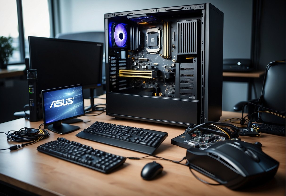 A gaming PC being assembled with a monitor nearby. Components like CPU, GPU, and RAM are visible. Tools and cables are scattered on the table